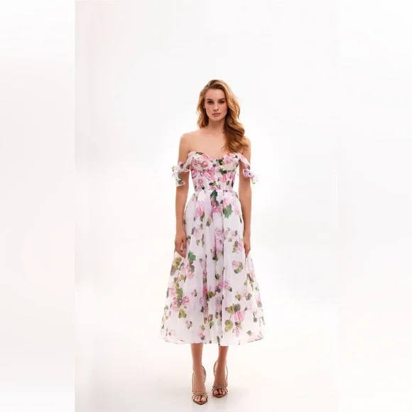 Floral White and Pink Women's Dress - Picture 3 of 7